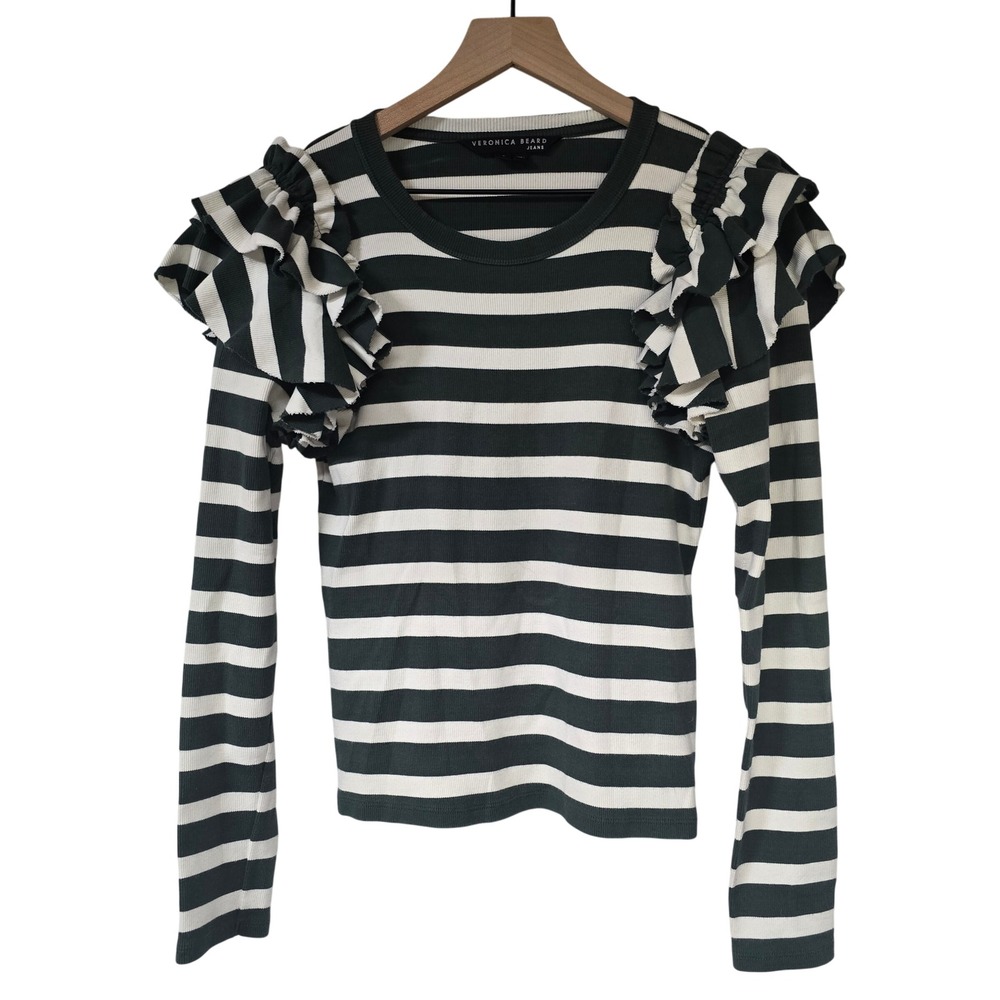 VERONICA BEARD JEANS Segrist Ruffled Stripe Ribbed Top S Forest Green Ivory Pima